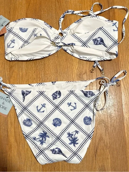 Shade & Shore White and Navy Nautical Bandeau Bikini Set - Picture 2 of 3